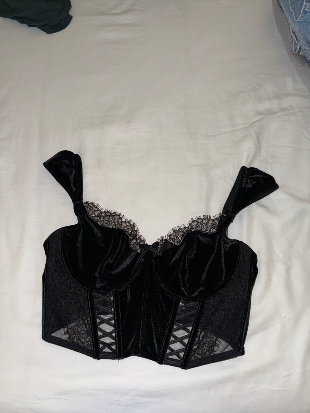 Victoria's Secret Black Velvet-Look Lace Trim Longline Bra